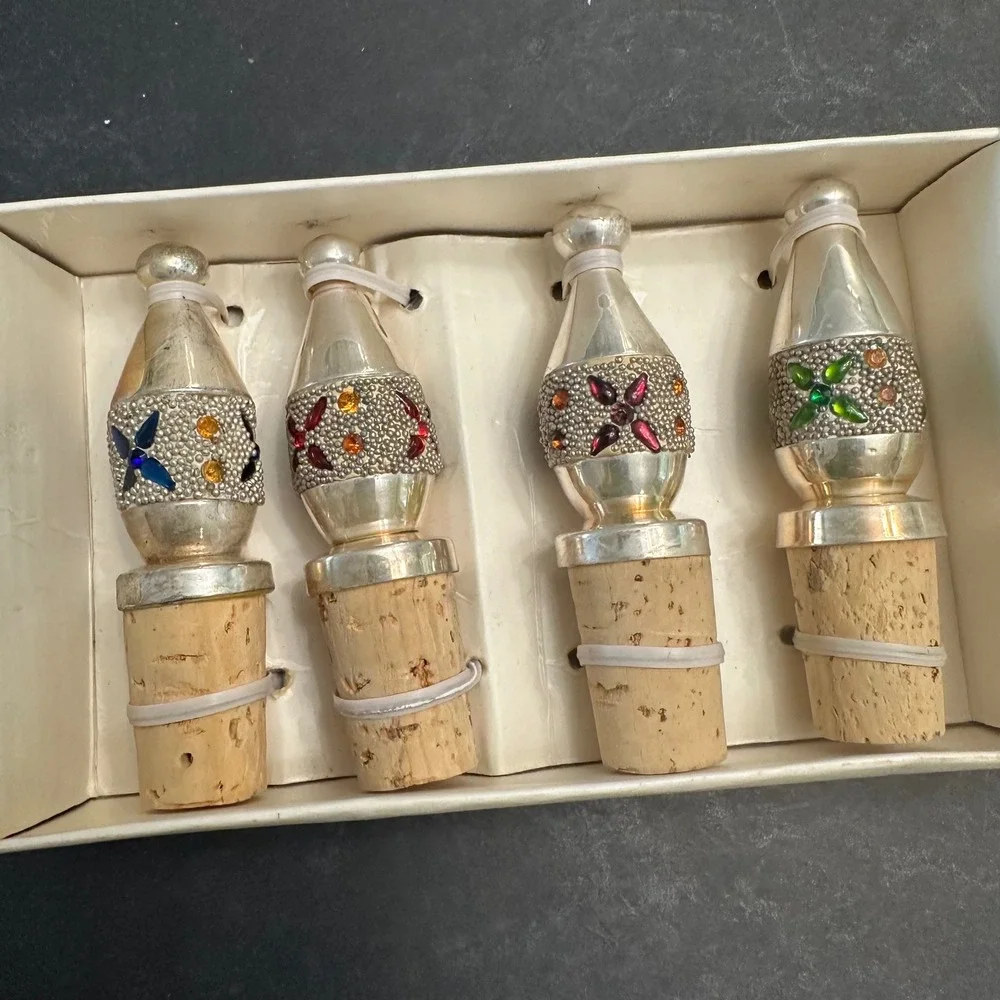 Pier 1 Exclusive Silver Plated Jeweled Bottle Wine Stoppers 4 pc New